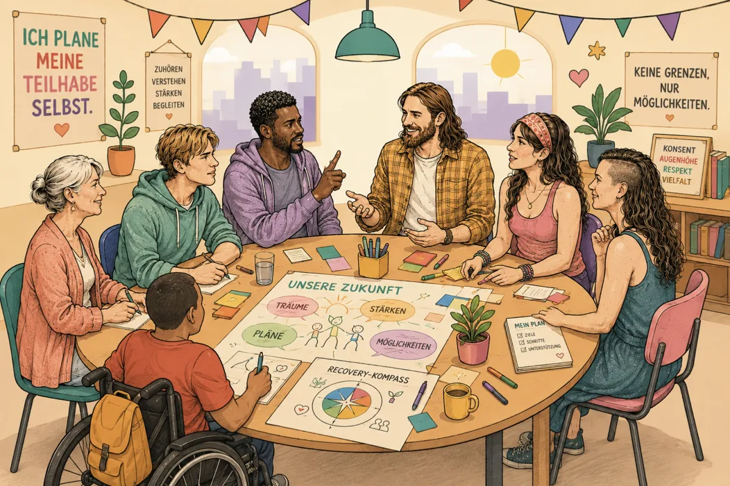 Illustration: vielfältige Menschen – darunter eine Person im Rollstuhl – sitzen an einem runden Tisch und planen gemeinsam ihre Zukunft; im Hintergrund Fenster mit Stadt, Pflanzen und Wimpel.